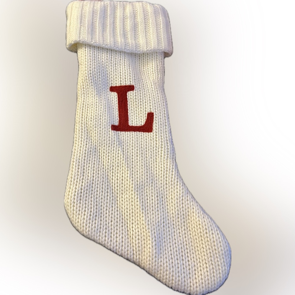 White Knit Christmas Stocking with Red Letter L